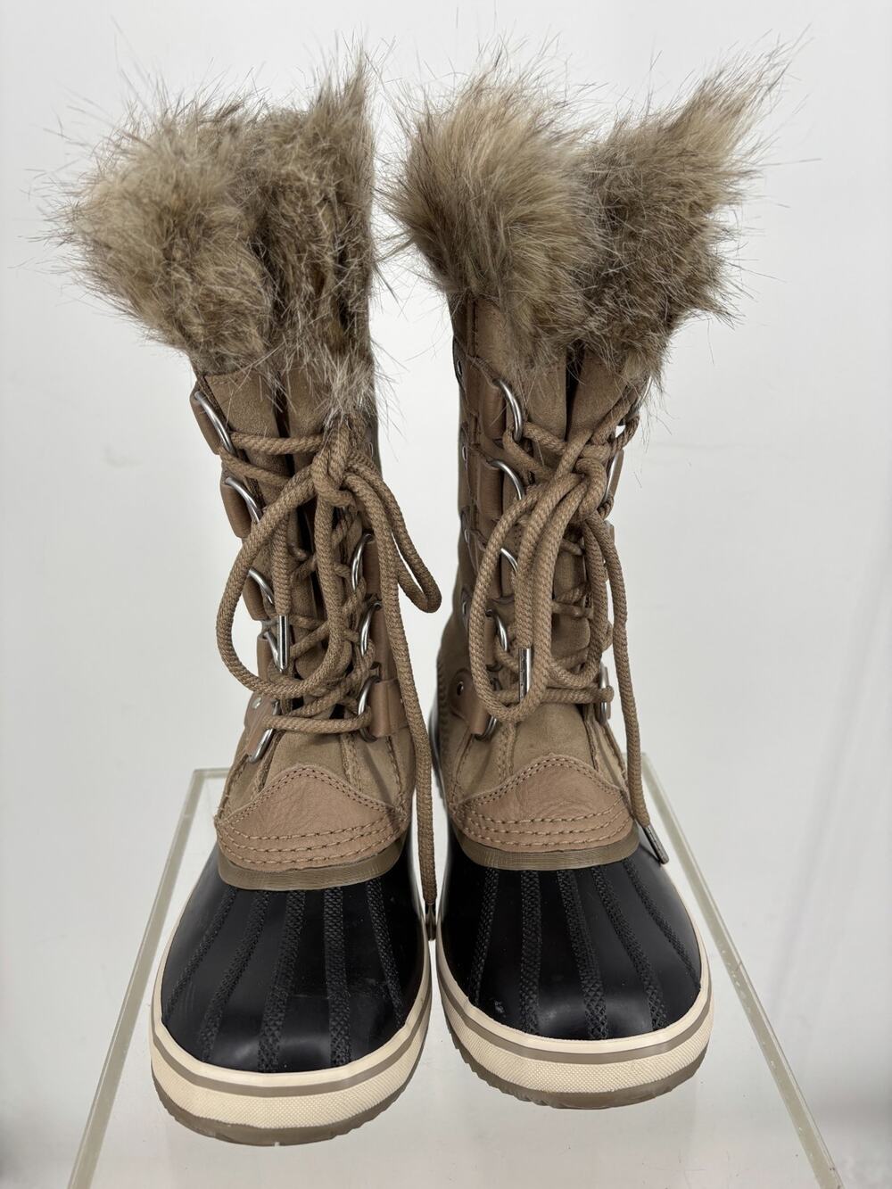 SOREL Joan of Arctic Winter Boots Womens 6 Tan Black Suede Faux Fur Waterproof